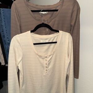 CLEO + WOLF Long Sleeve Henley Top - Cream and Brown